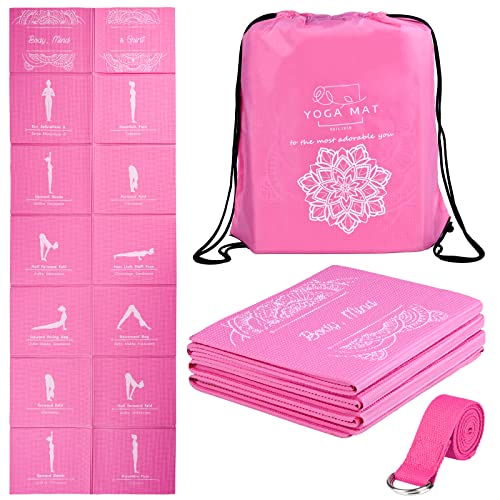 Faltbare Yogamatte für Frauen, rutschfeste Übungsmatte für Home Gym, Reise Yoga Set mit Stretch Strap für Yoga Pilates und Fitness, 173 x 61cm x 5mm dick (Rosa) von RUILIXIN