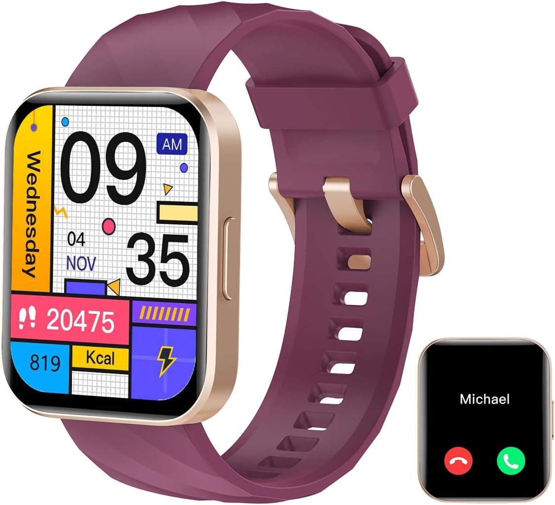 RUIMEN Smartwatch (1,85 Zoll, Android iOS), Damen Herren mit Telefonfunktion Fitnessuhr Pulsmesser Wasserdicht Uhr von RUIMEN
