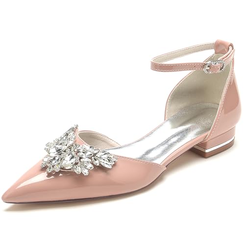 RUIZE Rosa,41,Ballerinas mit geschlossener Spitze für Damen, 2,5 cm, glitzernde Strasssteine, Lackleder, Knöchelriemen, niedriger Absatz, Brautschuhe von RUIZE