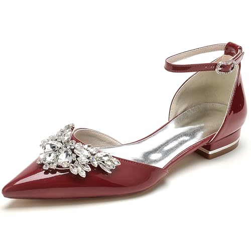 RUIZE Rot,42,Ballerinas mit geschlossener Spitze für Damen, 2,5 cm, glitzernde Strasssteine, Lackleder, Knöchelriemen, niedriger Absatz, Brautschuhe von RUIZE