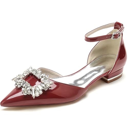 RUIZE Rot,43,Ballerinas mit geschlossener Spitze für Damen, 2,5 cm, glitzernde Strasssteine, Lackleder, Knöchelriemen, niedriger Absatz, Brautschuhe von RUIZE