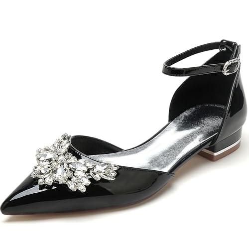 RUIZE Schwarz,43,Ballerinas mit geschlossener Spitze für Damen, 2,5 cm, glitzernde Strasssteine, Lackleder, Knöchelriemen, niedriger Absatz, Brautschuhe von RUIZE