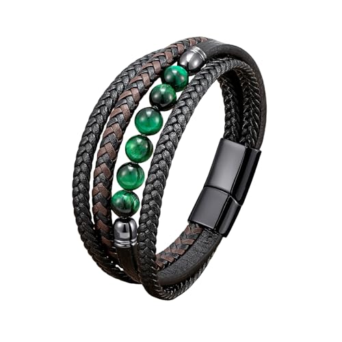 RUTERMY Lederarmband Herren,Lederarmband für Herren, Lässiger Armreif mit Perlen Aus Grünem Tigerauge, Verstellbares Mehrlagiges Geflochtenes Lederarmband In Braun Und Schwarz, Geschenk für Vate von RUTERMY