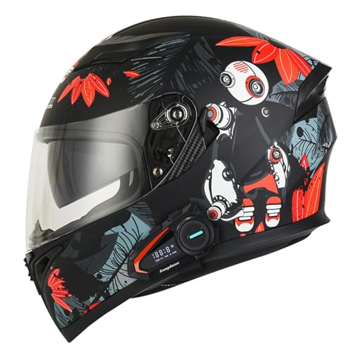 RUYICZB Integraler Motorrad-Bluetooth-Helm, Motorradhelm mit doppelter Sonnenblende, Motocross-Helm für Männer und Frauen, DOT-zugelassen für Roller-Lokomotiven,X,M von RUYICZB