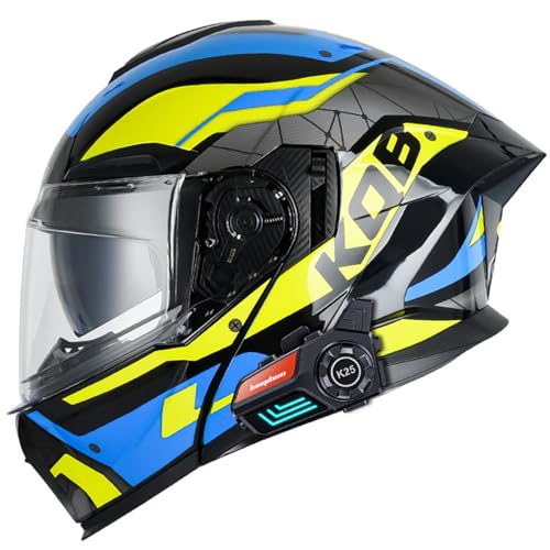 RUYICZB Bluetooth-Modularer Motorradhelm, DOT/ECE-Geprüfter Integral-Klapphelm Für Männer Und Frauen, Personalisierter Motorrad-Straßenrad-Renn-Moped-ATV-Helm,Blue Yellow,XL 61~62cm von RUYICZB