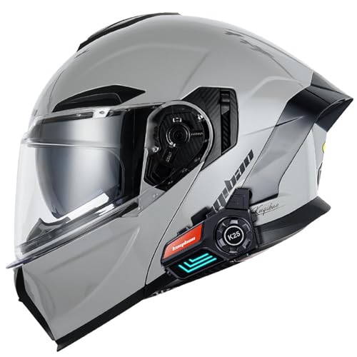 RUYICZB Bluetooth-Modularer Motorradhelm, DOT/ECE-Geprüfter Integral-Klapphelm Für Männer Und Frauen, Personalisierter Motorrad-Straßenrad-Renn-Moped-ATV-Helm,Grau,XL 61~62cm von RUYICZB