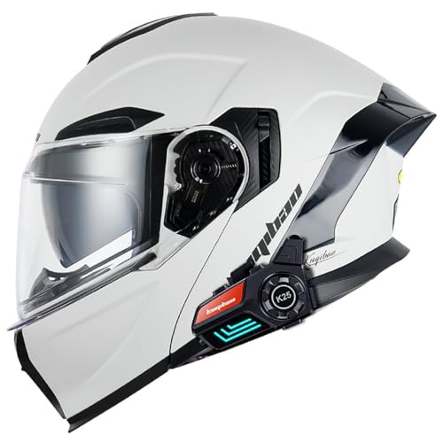 RUYICZB Bluetooth-Modularer Motorradhelm, DOT/ECE-Geprüfter Integral-Klapphelm Für Männer Und Frauen, Personalisierter Motorrad-Straßenrad-Renn-Moped-ATV-Helm,Weiß,XL 61~62cm von RUYICZB