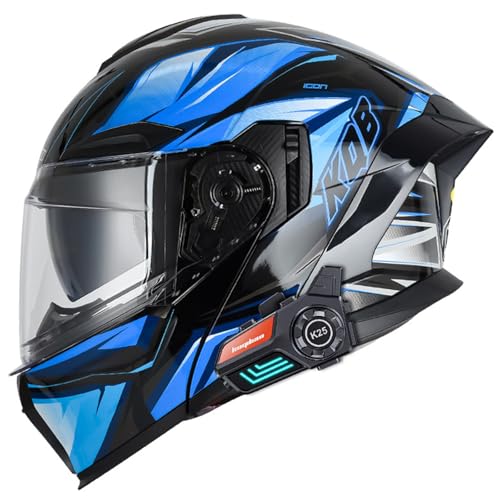 RUYICZB Bluetooth-Modularer Motorradhelm Mit Doppelvisier, DOT/ECE-Geprüfter Integral-Klapphelm Für Männer Und Frauen, Motorrad-Straßenrad-Renn-Mopedhelm,Black Blue,L 59~60cm von RUYICZB