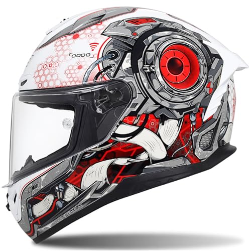 RUYICZB Integrierter Motorradhelm Mit Klarer Sonnenblende Und Mehreren Belüftungsöffnungen. DOT/ECE-Zugelassener Integralhelm Für Motorradfahrer, Mopedhelm Für Männer Und Frauen,White red,L 56~58CM von RUYICZB