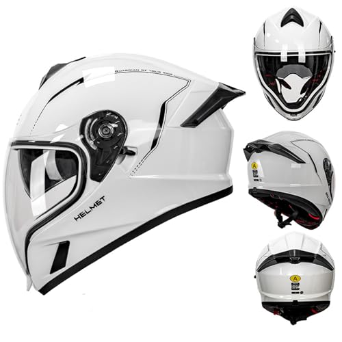 RUYICZB Motorradhelm Integralhelm Integrierter Doppelvisier-Motorradhelm DOT/ECE-Geprüfter Motorrad-Straßenrad-Moped-ATV-Helm Für Männer Und Frauen,Weiß,M 55~56CM von RUYICZB