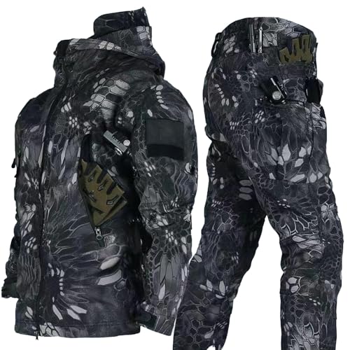 RVUEM Black Pattern,S, 2-Teiliger Snowboard Schneeanzug Softshell Jacke FüR Herren MilitäRische Bekleidung, Kampfanzug Outdoor Skianzug Taktische Jacke Und Hose FüR Skifahren Outdoor Sport von RVUEM