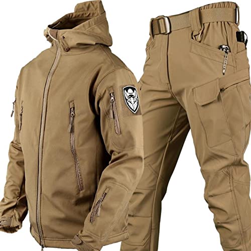 RVUEM Braun,S, Taktische Jacke Und Hose FüR Herren MilitäRische Softshell AnzüGe Soft Shell Jacke MilitäRische Wasserdichte Armee Kampfanzug Sets Jagdbekleidung Wasserdicht Leicht Draussen von RVUEM