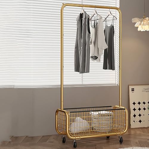 RVUEM Gold,80cm, KleiderstäNder Mit Aufbewahrungskorb Unten, Feststellbaren Rollen, Freistehender Schrank Organizer, Zum AufhäNgen Von Kleidung, MäNteln, RöCken, Hemden, Pullovern von RVUEM