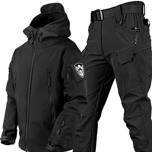 RVUEM Schwarz,M, MilitäRbekleidung, Kampfanzug, Softshelljacke FüR Herren, Outdoor Skianzug, 2 Teiliger Snowboard Schneeanzug, Winter Set Aus Wasserdichter, Warmer Skijacke Und Schneehose von RVUEM