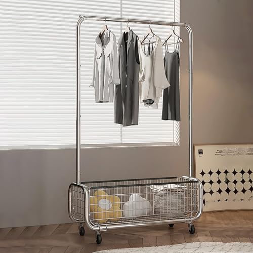 RVUEM Silber,100cm, KleiderstäNder Mit Feststellbaren Rollen, Freistehender Schrank Organizer Mit Dichtem Maschendraht Regal, Robuster KleiderstäNder, FüR Schlafzimmer/Wohnzimmer/Kleiderladen von RVUEM