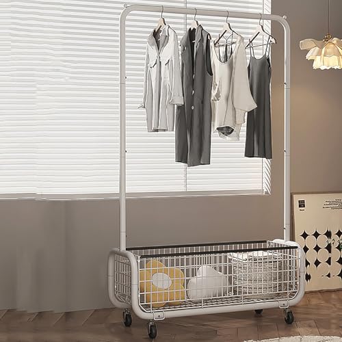 RVUEM Weiß,100cm, KleiderstäNder Mit Aufbewahrungskorb Unten, Feststellbaren Rollen, Freistehender Schrank Organizer, Zum AufhäNgen Von Kleidung, MäNteln, RöCken, Hemden, Pullovern von RVUEM