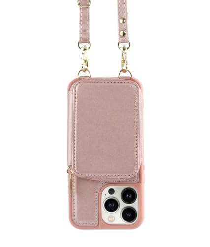 RWCCCRW - Crossbody Lanyard Wrist Strap Handyhülle für iPhone 14 Plus 13 12 11 Pro Max Wallet Card Slot Holder Leder Support Case (Farbe: Roségold Größe: für iPhone 13Pro Max) von RWCCCRW