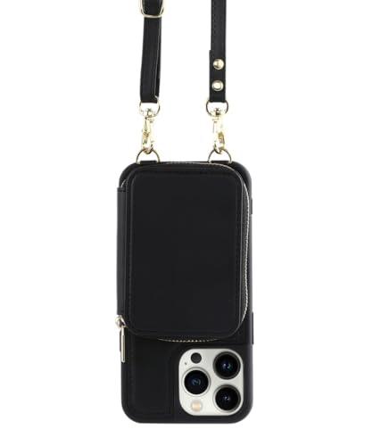 RWCCCRW - Crossbody Lanyard Wrist Strap Handyhülle für iPhone 14 Plus 13 12 11 Pro Max Wallet Card Slot Holder Leder Support Case (Farbe: Schwarz Größe: für iPhone 13 Pro) von RWCCCRW