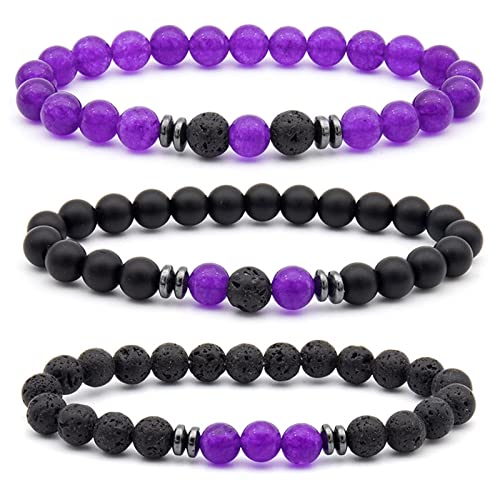 RWCCCRW Lava-Perlenarmband, großes Armband, Perlen, Schwarz, Lila, 8 mm, Amethyst, Lavagestein, Trio-Armband, Valentinstag-Perlenarmband, 8 mm, 3 Stück RWCCCRW Lava-Perlenarmband, großes Armband, Perlen, Schwarz, Lila, 8 mm, Amethyst, Lavagestein, Trio-Armband, Valentinstag-Perlenarmband, 8 mm, 3 Stück von RWCCCRW