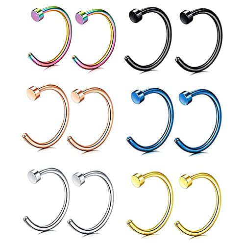 RWCCCRW Nasenlochschmuck aus Titan, künstlicher Nasenring mit 6 Stück/12 Stück/24 Stück, 6 Farben, offener Kreis, Piercingschmuck, Geschenk für Frauen und Männer von RWCCCRW