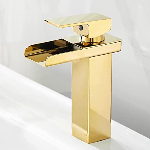 RWCCCRW Waschtischarmatur Wasserfall Gold, Bad Waschbecken Wasserhahn Edelstahl, Wasserfall Auslauf Einhebel Waschtischarmatur für Warm- und Kaltwasser, Hoch von RWCCCRW