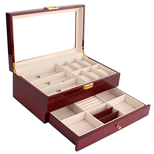 RWCHCWRH Uhrenbox, Uhrengehäuse, Uhrenbox, Zwei Fächer, 6 Uhrendeckel, Glas-Aufbewahrungsbox für Männer oder Frauen (Farbe: Rot, Größe: 30 x 20 x 13 cm) von RWCHCWRH