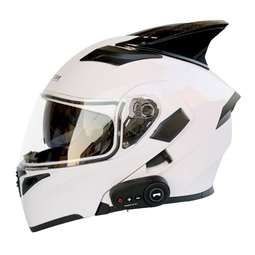 RYDZCLH Bluetooth-Modularer Motorradhelm Für Damen Und Herren, DOT-Geprüfter Integralhelm, Hochklappbar, Beschlagfreies Doppelvisier, Integrierter Doppellautsprecher,White 1,XL 61~62cm von RYDZCLH