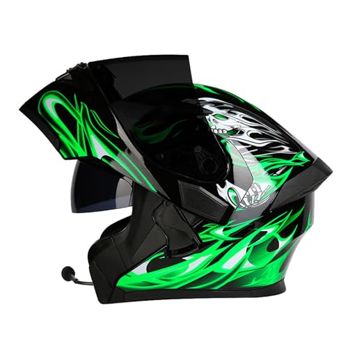 RYDZCLH Bluetooth-Motorradhelm Punkt Zugelassener Modularer Motorradhelme Vollgesichts-Flip Double Visor Helm Eingebauter Lautsprecher Mit Mikrofon Für Männer Und Frauen,Grün,XL 60~61cm von RYDZCLH