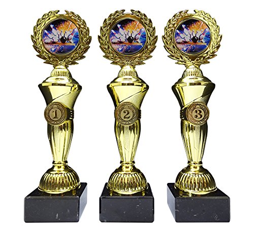 RaRu 3 Bowling-Pokale mit bunten Emblemen und mit Ihrer Wunschgravur (Hoch3) von RaRu