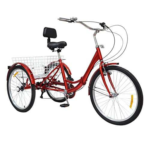 RainWeel Dreirad für Erwachsene 24 Zoll Dreirad Faltbares Fahrrad mit Aufbewahrungskorb Lastenfahrrad 7 Gang Adult Tricycle (Rot) von RainWeel