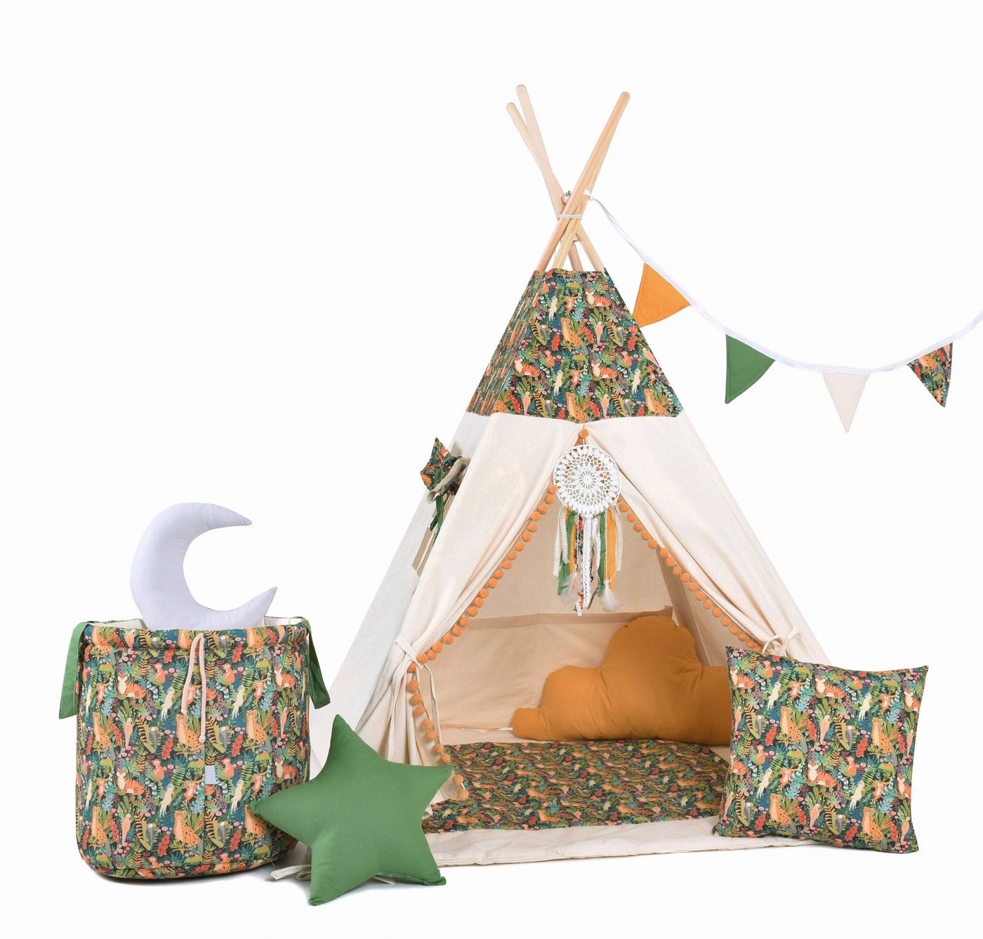 Rainbow Kids Tipi-Zelt Kinderzelt Spielzelt Teepee mit Fenster, Personen: 2 (mit Zubehör, mit 4 Kissen, Matte, Spielzeugkorb und Wimpelkette), Made in Europe von Rainbow Kids