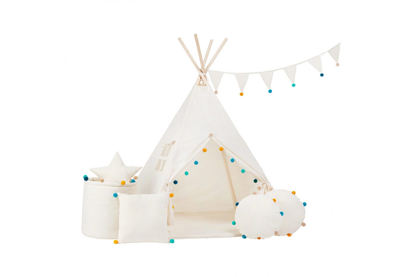 Rainbow Kids Tipi-Zelt Pompons, Personen: 2 (mit Zubehör, 8 tlg., mit 4 Kissen, Matte, Spielzeugkorb und Wimpelkette) von Rainbow Kids