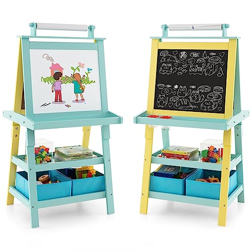 RajoNN 3-in-1-Kunststaffelei für Kinder, doppelseitige Tafel und magnetische Whiteboard-Staffeleien mit Papierrolle, Aufbewahrungsboxen und Regalen, Lernspielzeug für Kinder, Geschenk (blau + von RajoNN