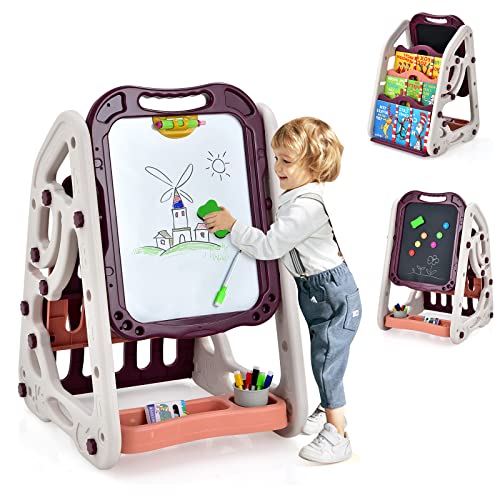 RajoNN 3-in-1-Kunststaffelei für Kinder, höhenverstellbare doppelseitige Tafel und magnetische Whiteboard-Staffeleien mit Bücherregal, Ablagefach und Zeichenzubehör, Lernspielzeug für Kinder, von RajoNN