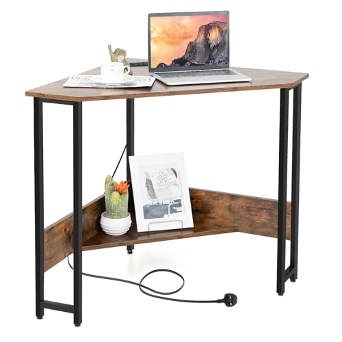 RajoNN Eck-Computertisch, dreieckiger PC-Laptop-Tisch mit Steckdose und Ablage, platzsparender Schreibtisch aus Holz für das Home-Office und Schlafzimmer (rustikales Braun) von RajoNN