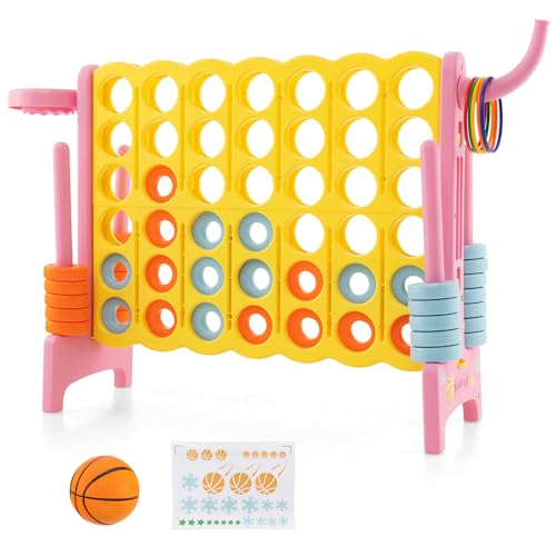 RajoNN Giant Connect 4, 3-in-1-Familienspiel mit Basketballkorb, Ringwurf, 42 Jumbo-Ringen, 4-in-Reihe-Spielset für drinnen und draußen (Gelb + Rosa) von RajoNN