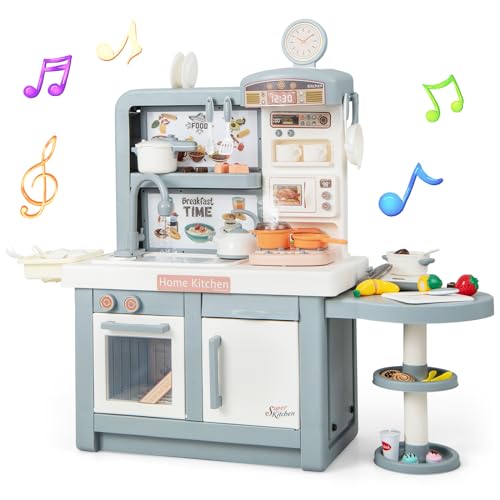 RajoNN Kinderküchen-Spielset, Kochspielzeug mit echten Geräuschen und Licht, Dampf, fließendem Wasser, 49-teiliges Zubehör, Rollenspielküchen für Jungen und Mädchen (grau) von RajoNN