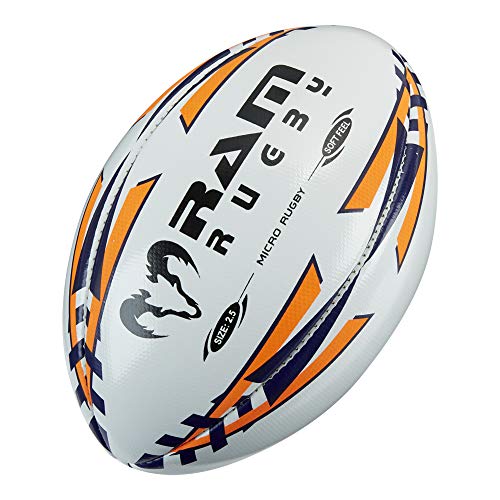 Ram Rugby Ball Rugbyball, Micro-Softfeel Größe 2,5 – perfekter Starterball, geeignet für Kinder im Alter von 2–5 Jahren, Marineblau / Fluoro Orange von Ram