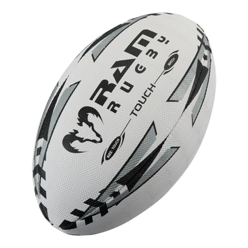 Touch Tag Rugby-Ball – Ram Rugby – Silberfarben – handgenäht – 4-lagiges Polycotton und Gummi-Laminat – Touch Pro Grip zur Handhabung von Ram