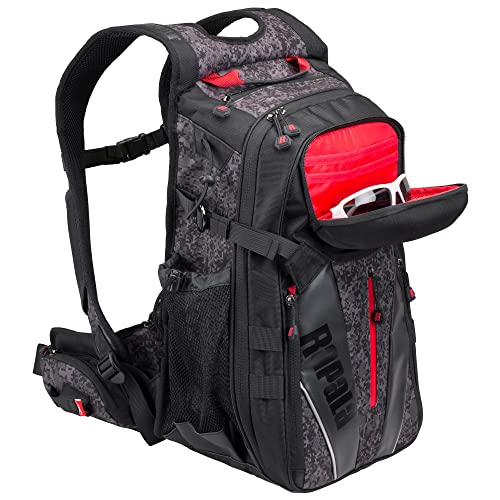Rapala Unisex-Adult Rucksack zum Angeln Urban Back Pack-25L Angeltasche-Verstellbare Gurte-Angelrucksack mit Rutenhalter und Abnehmbarem Bauchgurt-viele Fächer Tasche, Tarnfarben Schwarz, Einzigartig von Rapala