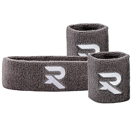 Raquex Armband & Stirnband Set - 2 x Armband, 1 Stirnband, eng anliegend, Baumwolle, Dehnbare Schweißbänder für Sport (Grau) von Raquex