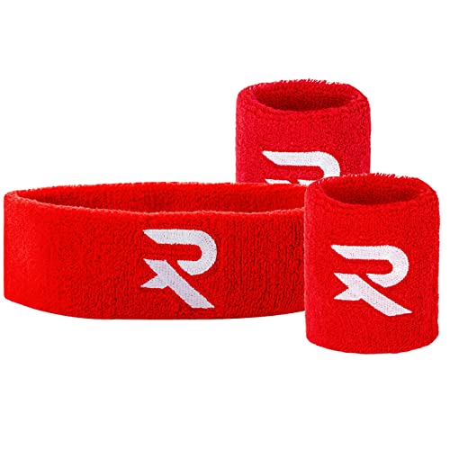 Raquex Armband & Stirnband Set - 2 x Armband, 1 Stirnband, eng anliegend, Baumwolle, Dehnbare Schweißbänder für Sport (Rot) von Raquex