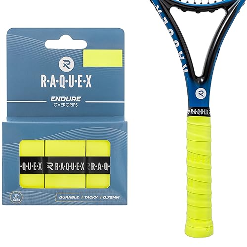 Raquex Endure Übergriffband für Schläger – 3er Pack Übergriffband für Schläger, 0.75 mm Dicke – Anti-Rutsch Übergriffband für Tennis-, Badminton-, Squashschläger, Padel (Gelb) von Raquex