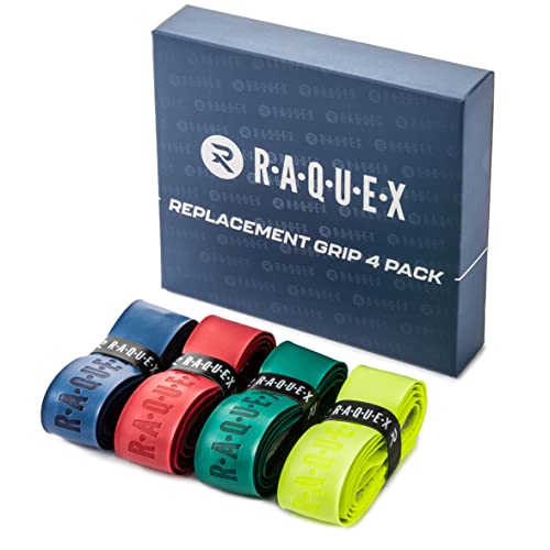 Raquex Ersatz-PU-Griffband 4er-Pack: Tennis, Squash, Badminton. Selbstklebendes Griffband für Schläger. Wiederverwertbare Geschenkverpackung aus Pappe (Blau, rot, grün, gelb) von Raquex