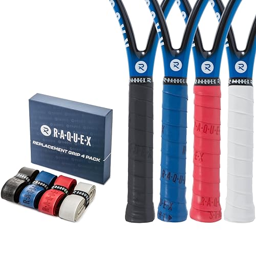 Raquex Ersatz-PU-Griffband 4er-Pack: Tennis, Squash, Badminton. Selbstklebendes Griffband für Schläger. Wiederverwertbare Geschenkverpackung aus Pappe (Schwarz, blau, rot, weiß) von Raquex