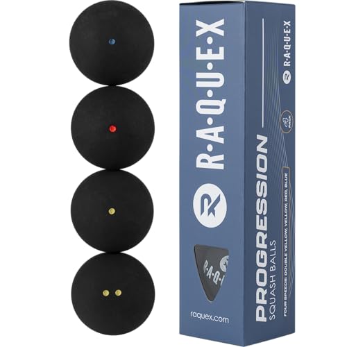 Raquex Progression Squashbälle – Tube mit 4 gemischten Bällen – 4 Geschwindigkeitsoptionen pro Tube –Red Dot, Blue Dot, Yellow Dot und Double Yellow Dot für Profi-Wettkämpfer. Von der WSF zugelassener von Raquex