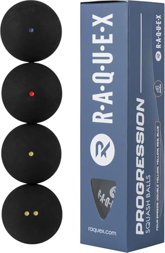 Raquex Progression Squashbälle – Tube mit 4 gemischten Bällen – 4 Geschwindigkeitsoptionen pro Tube –Red Dot, Blue Dot, Yellow Dot und Double Yellow Dot für Profi-Wettkämpfer. Von der WSF zugelassener von Raquex