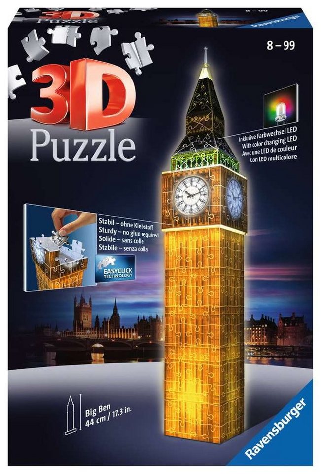Ravensburger 3D-Puzzle 216 Teile Ravensburger 3D Puzzle Bauwerk Big Ben bei Nacht 12588, 216 Puzzleteile Ravensburger 3D-Puzzle 216 Teile Ravensburger 3D Puzzle Bauwerk Big Ben bei Nacht 12588, 216 Puzzleteile von Ravensburger