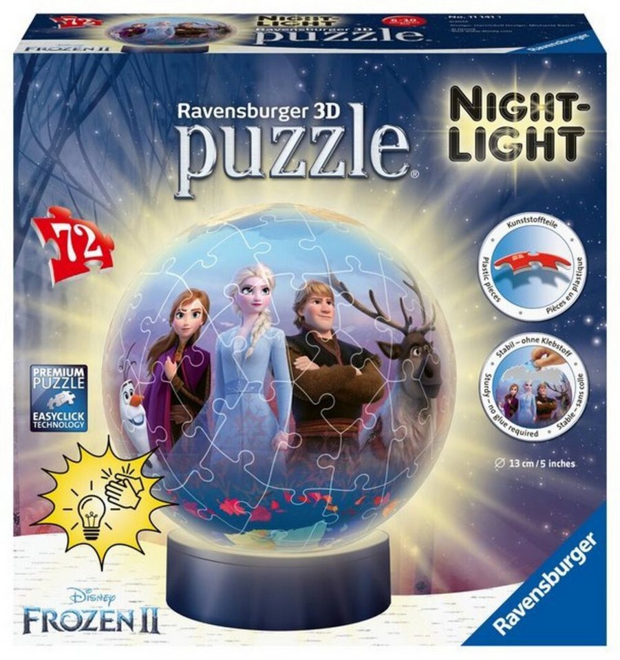 Ravensburger Puzzle Ravensburger 3D Puzzle 11141 - Nachtlicht Puzzle-Ball Disney Frozen..., 72 Puzzleteile von Ravensburger