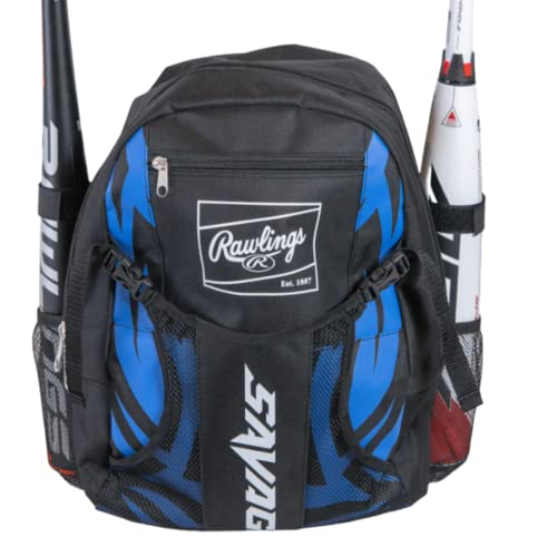 Rawlings Youth Savage Baseballschlägertasche - Batpack mit externem Helmhalter für Baseball, T-Ball & Softballausrüstung & Ausrüstung für Jugendliche und Erwachsene | Schwarz/Königsblau von Rawlings